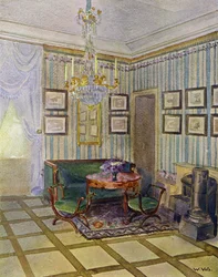Wohnzimmer im Schloss Stutensee, nahe Karlsruhe, klassisch dekoriert, um 1800